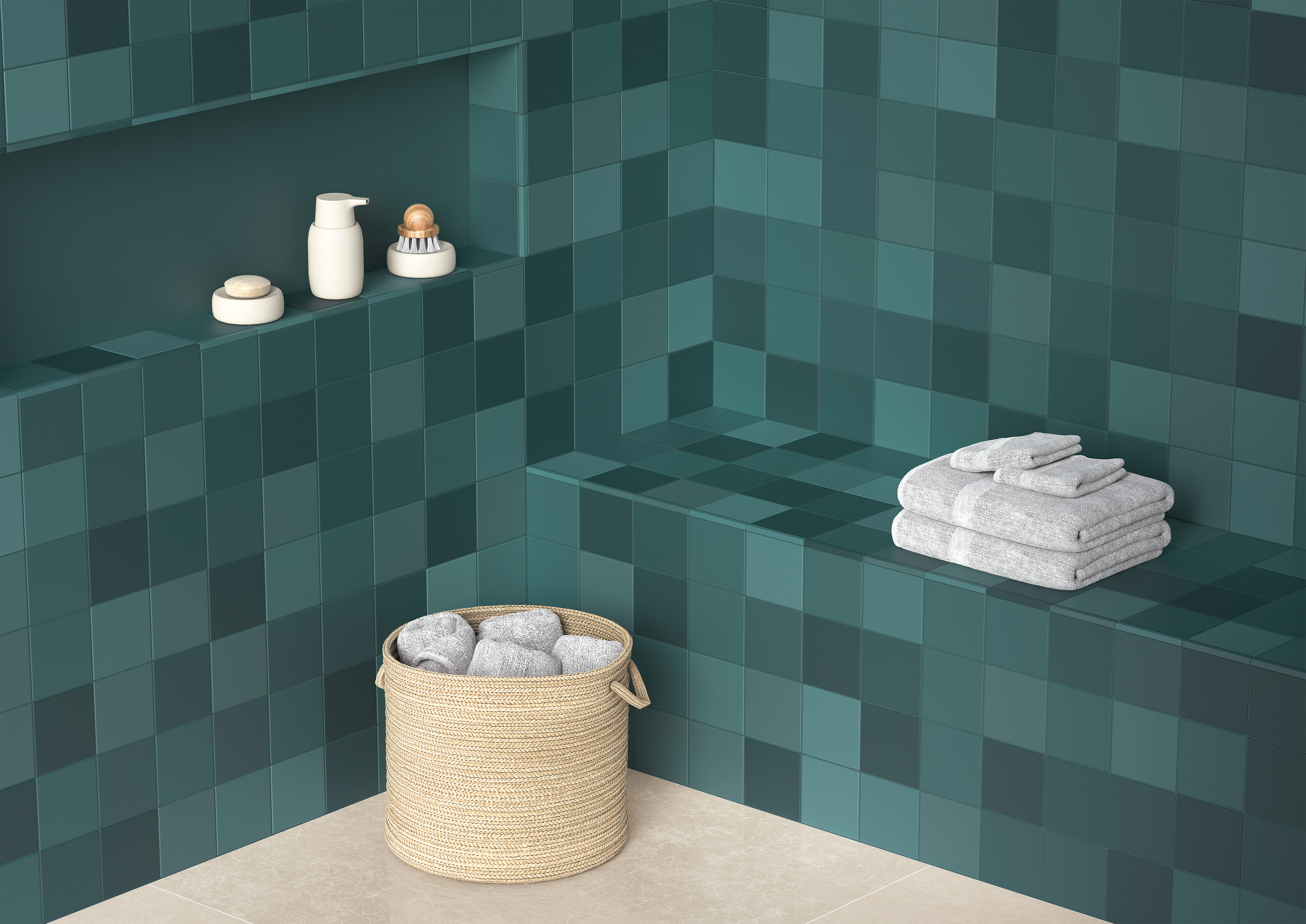 baño con azulejos cuadrados pequeños de colores pastel