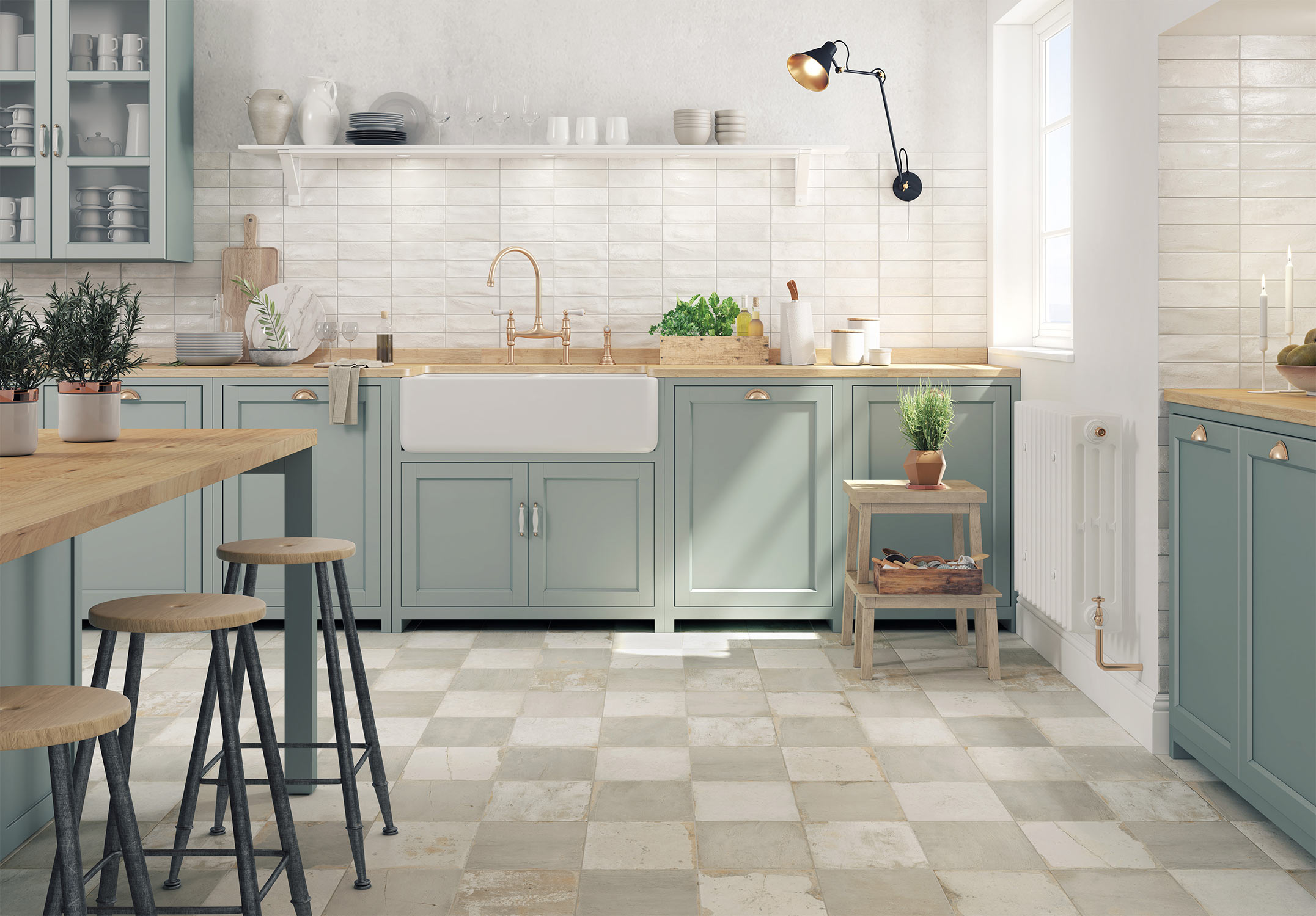 cocina de estilo provenzal con azulejos vintage y muebles verdes