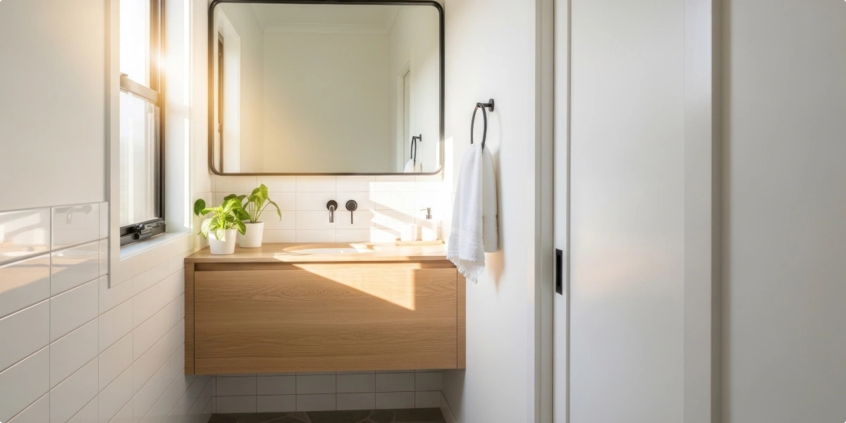 Baño blanco moderno combinado con mueble de madera y grifería negra