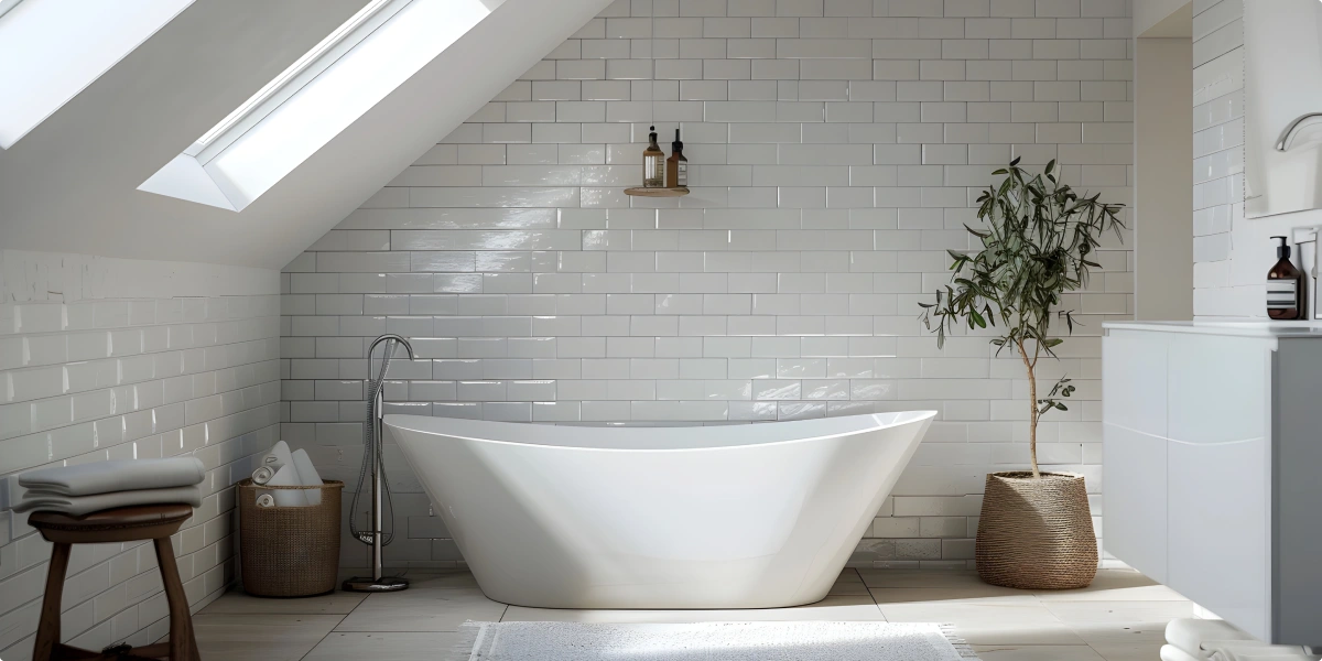 Baño blanco con pieza de textura y relieve en acabado mate