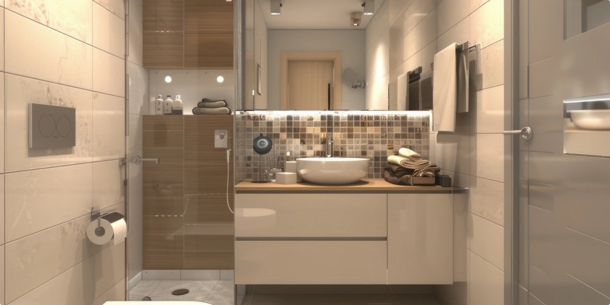Baño pequeño con el mismo material en suelo y pared para ganar amplitud